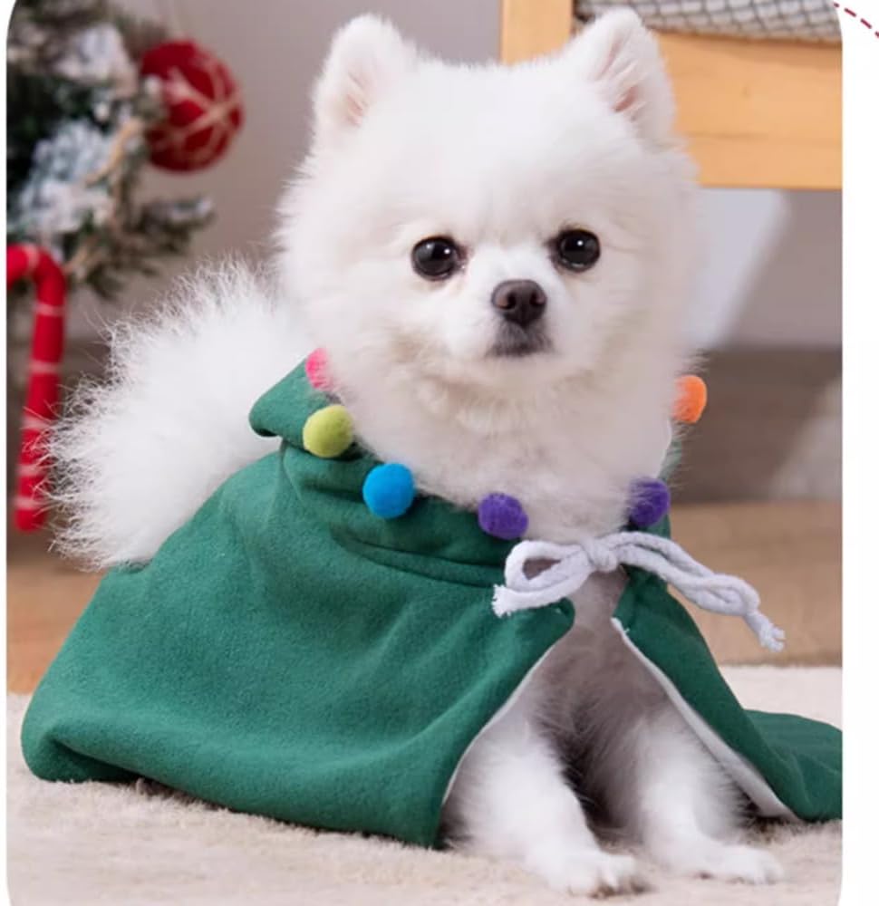 Pet Dog Christmas Costume Puppy Cloak with Star and Pompoms Cat Santa Cape with Hat Winter Dog Outfit for Cats and Small Dog (Small, Green) - Image 2