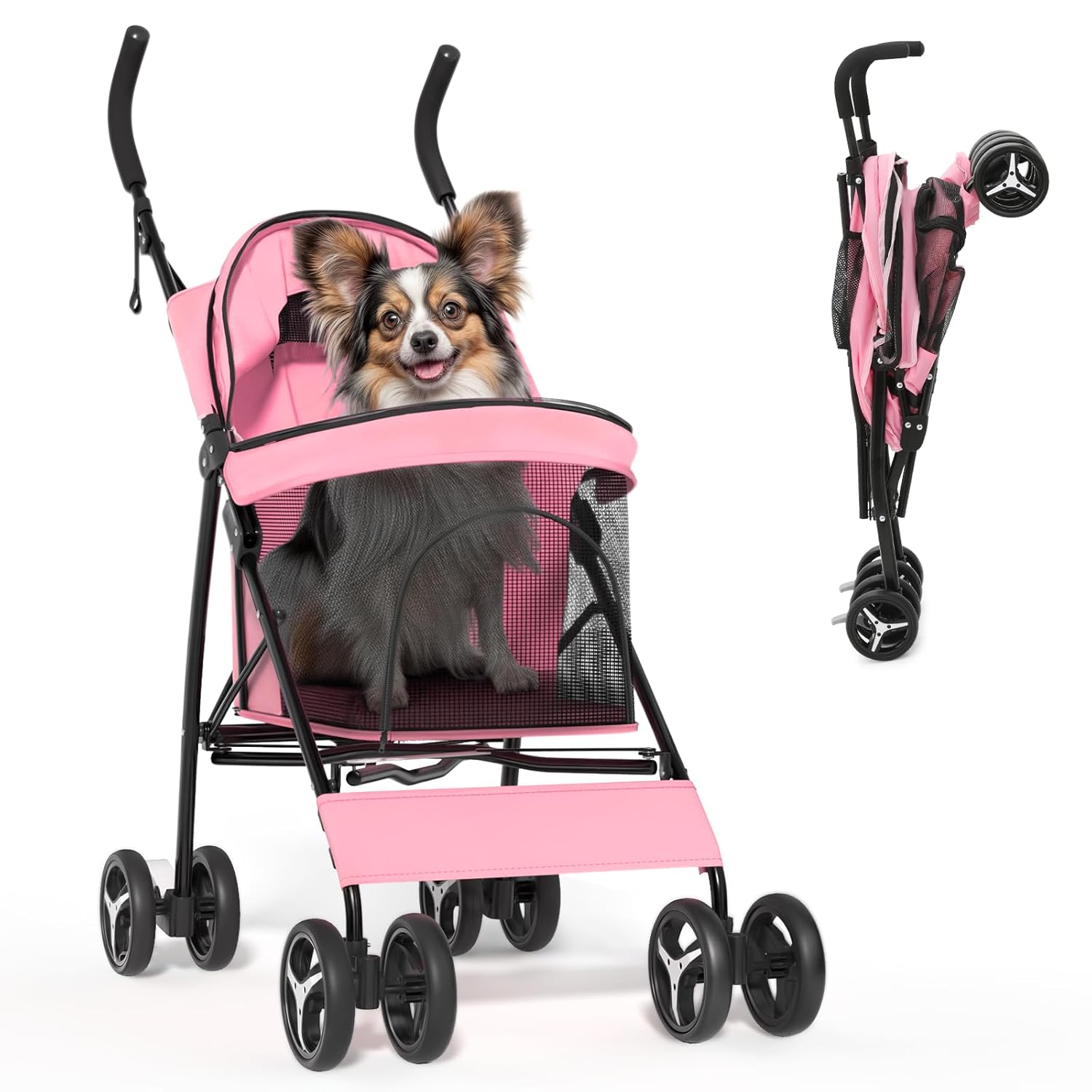 Compact Pet Stroller for Small-Medium Dogs/Cats up to 22lbs, 4-Wheel Lightweight Umbrella Shaped Portable Puppy Travel Jogger with Breathable Mesh & Rear Storage, Pink