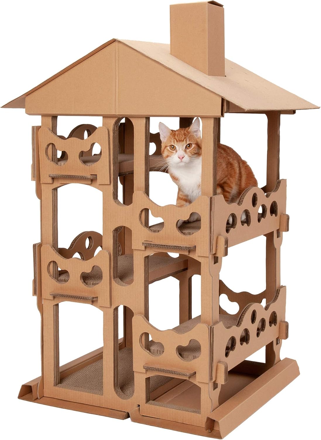 Cardboard Cat House Tower Playground, Multi-Level Cat Tree Hideout Scratcher with Catnip