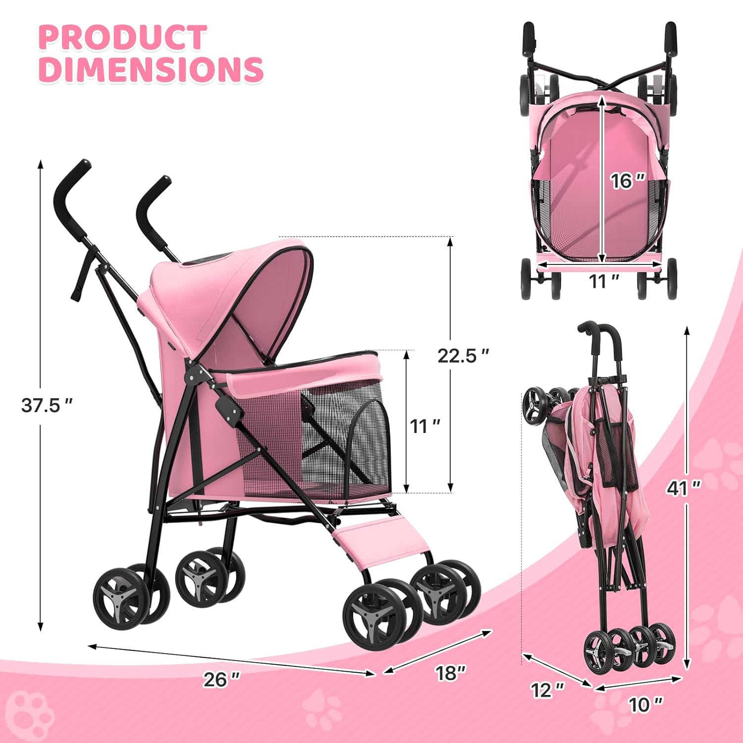 Compact Pet Stroller for Small-Medium Dogs/Cats up to 22lbs, 4-Wheel Lightweight Umbrella Shaped Portable Puppy Travel Jogger with Breathable Mesh & Rear Storage, Pink - Image 2