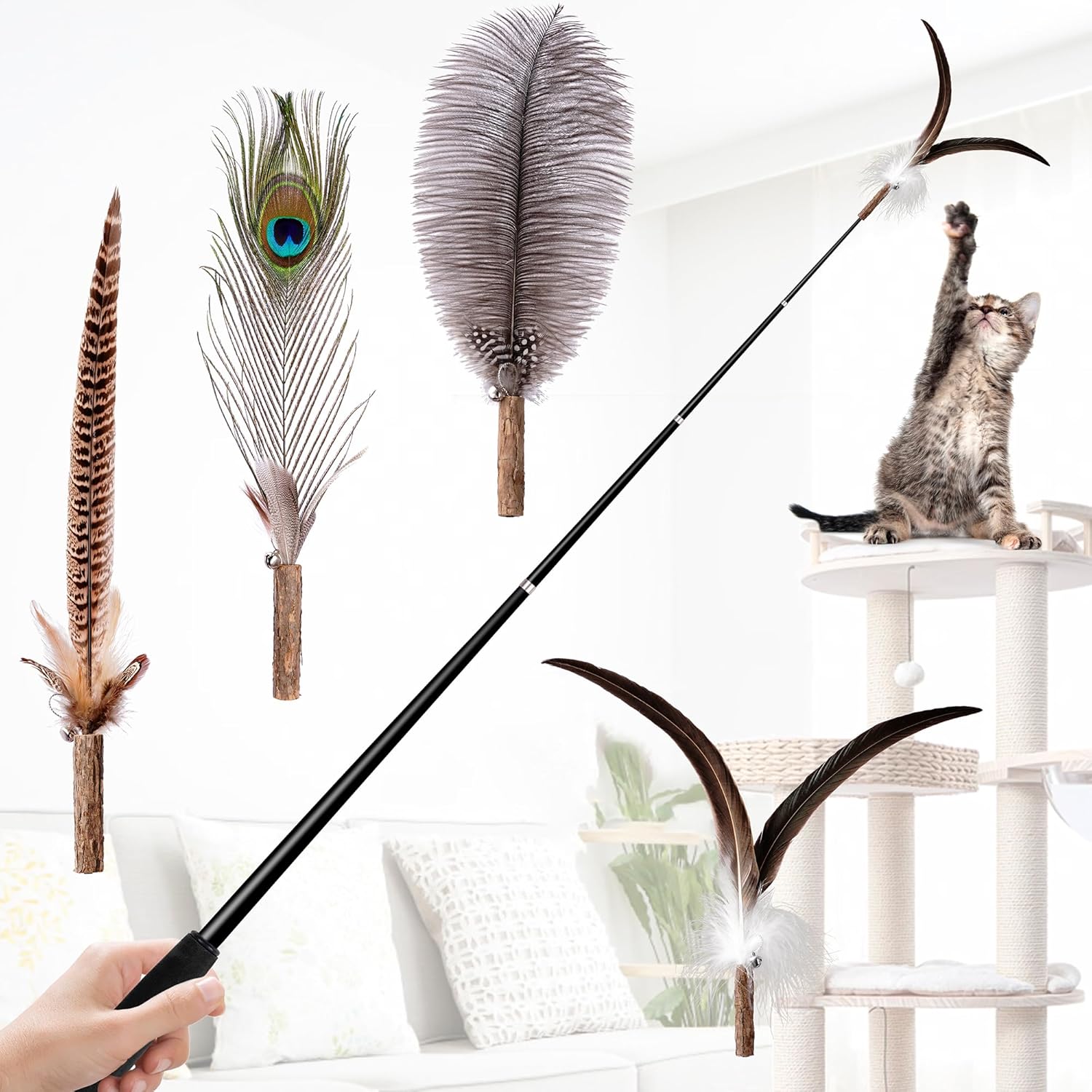 2025 Latest Cat Wand Toy, 68”Extra Long Cat Fishing Pole Toy, 4PCS Natural Huge Feather Refills with Silvervine Sticks for Indoor Cats Kitten Kitty Teeth Cleaning Exercise Accessories